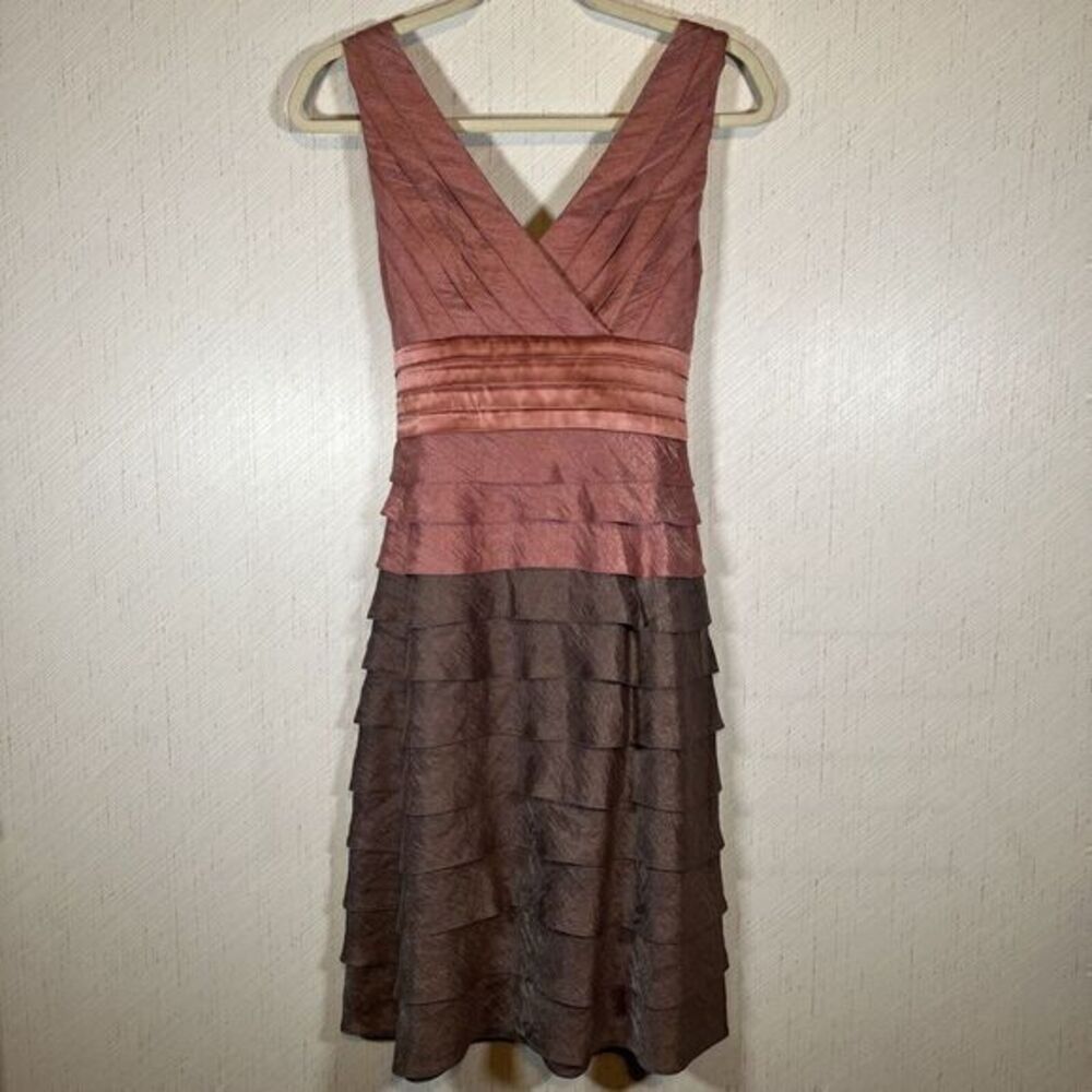 Adrianna Papell 4 6 Pink Brown Tiered Sheath Cocktail Dress Wow Ruffle Sash Euc
